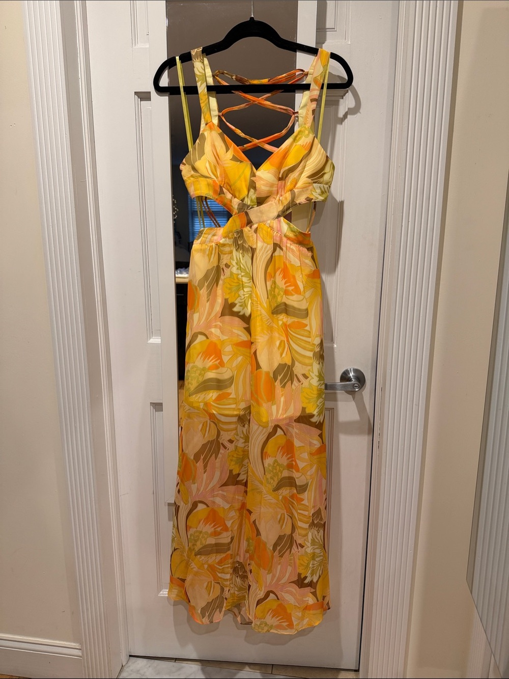 Selfie Leslie Yellow Orange Floral Maxi Dress with Crisscross Back